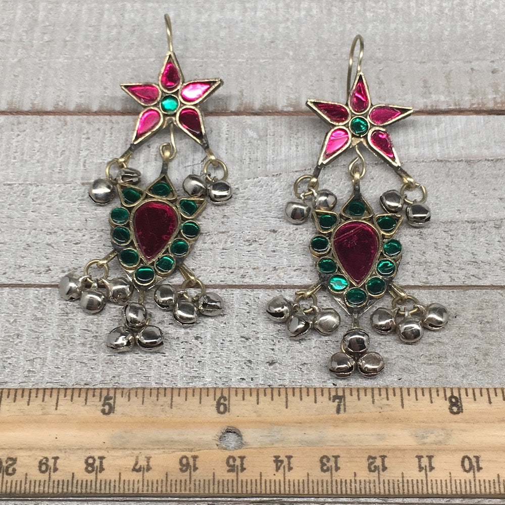 Kuchi Earring Afghan Tribal Green, Pink Glass Jingle Bells Star Earring KE206 - watangem.com