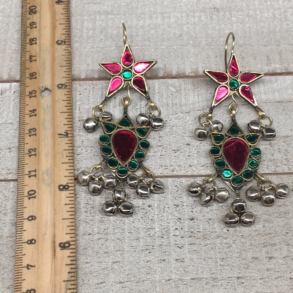 Kuchi Earring Afghan Tribal Green, Pink Glass Jingle Bells Star Earring KE206 - watangem.com