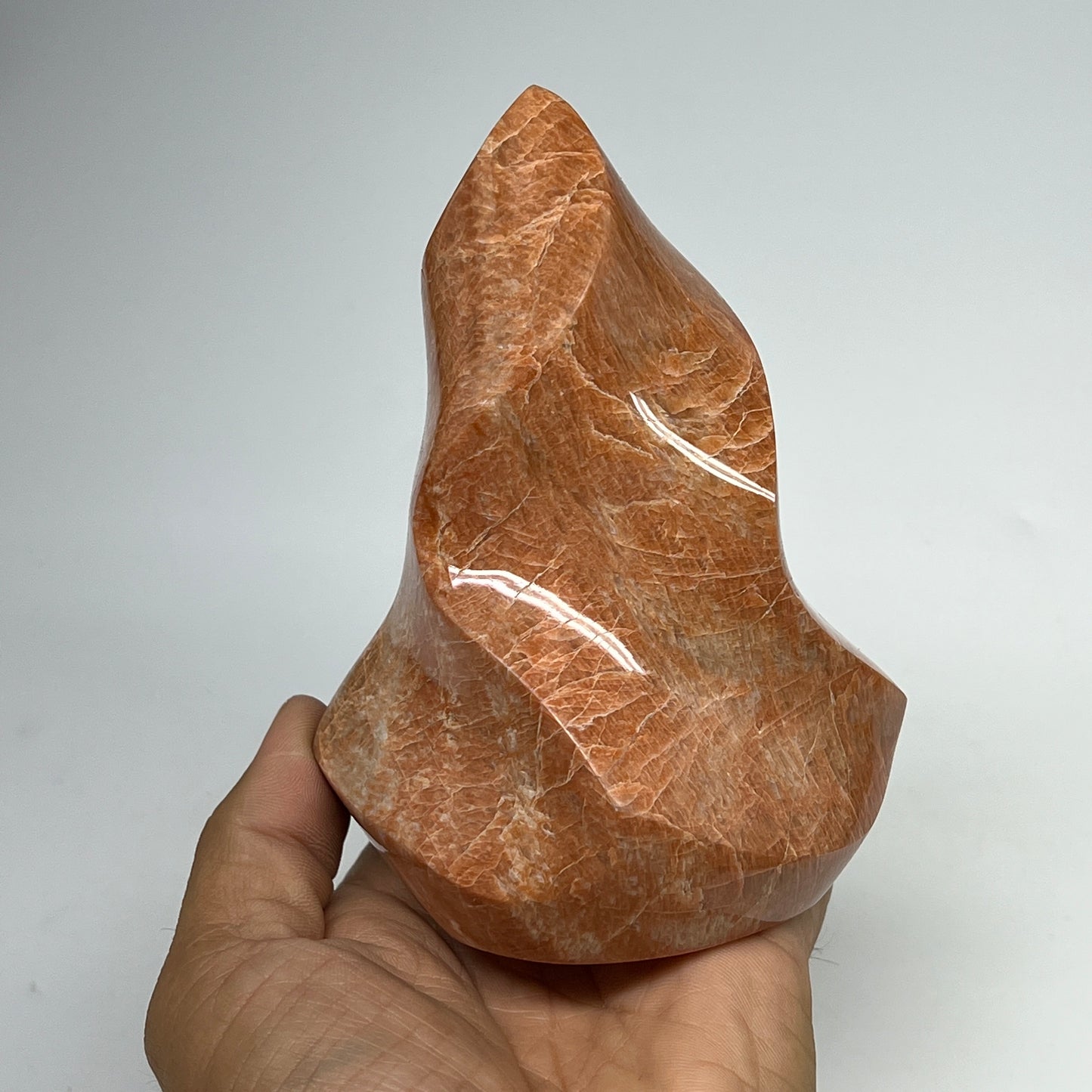 710g, 4.8"x3.6"x3.1", Natural Peach Moonstone Flame Gemstones Reiki Tool, B19579