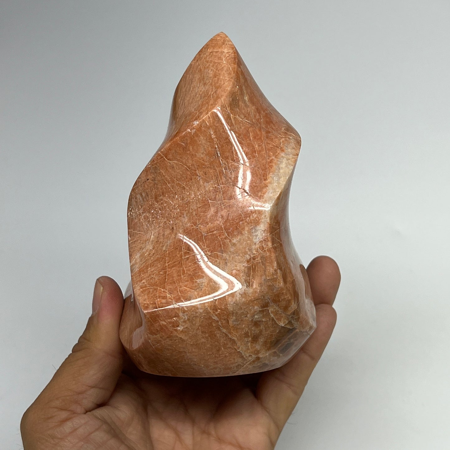 710g, 4.8"x3.6"x3.1", Natural Peach Moonstone Flame Gemstones Reiki Tool, B19579