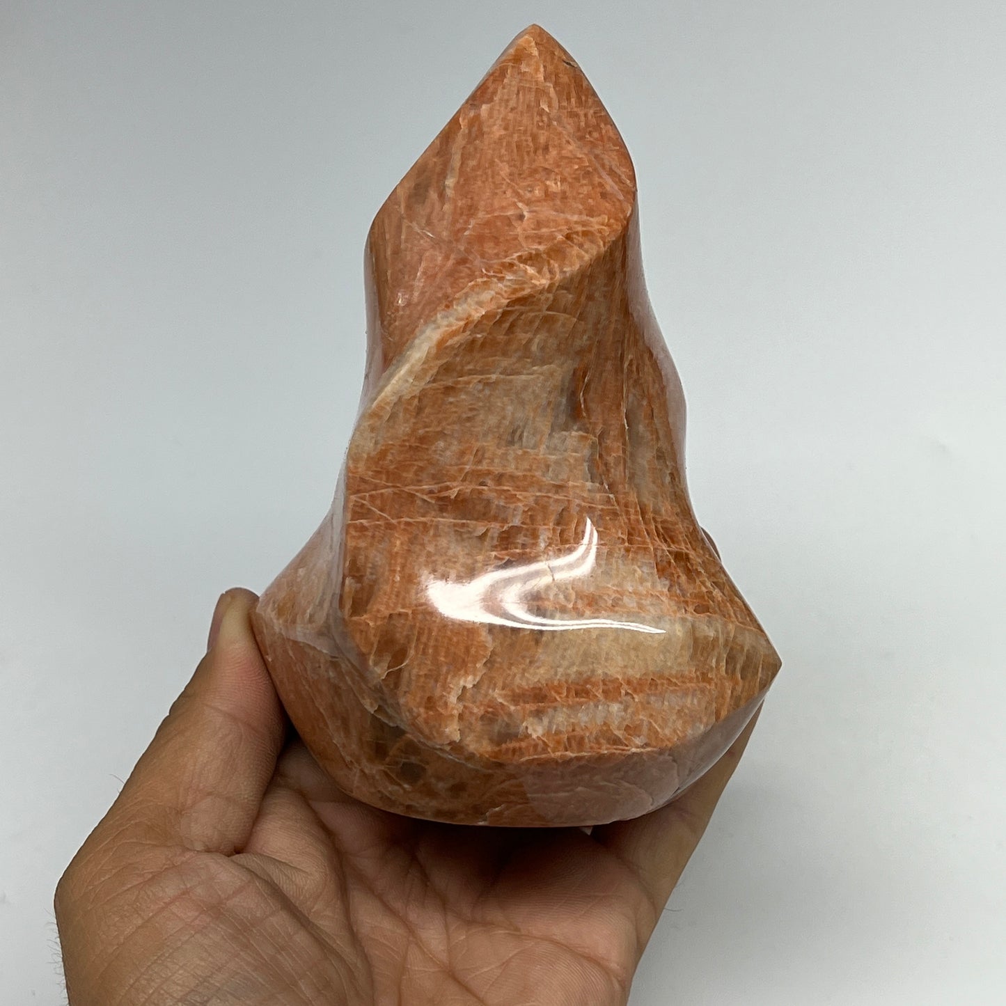 710g, 4.8"x3.6"x3.1", Natural Peach Moonstone Flame Gemstones Reiki Tool, B19579