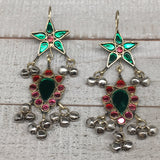 Kuchi Earring Afghan Tribal Green, Red Glass Jingle Bells Star Earring KE207 - watangem.com