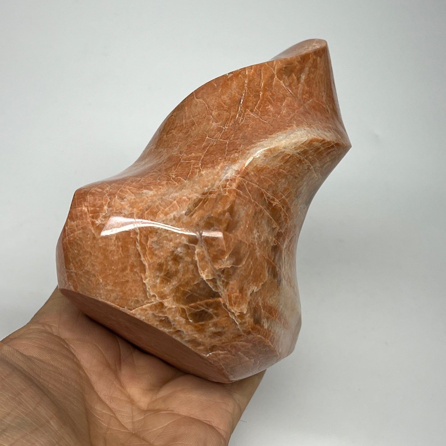 710g, 4.8"x3.6"x3.1", Natural Peach Moonstone Flame Gemstones Reiki Tool, B19579