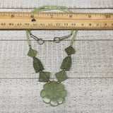 18.2g,2mm-29mm, Green Serpentine Flower Carved Beaded Necklace,16"-18",NPH329