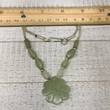 18.3g,2mm-31mm, Green Serpentine Flower Carved Beaded Necklace,16"-18",NPH334