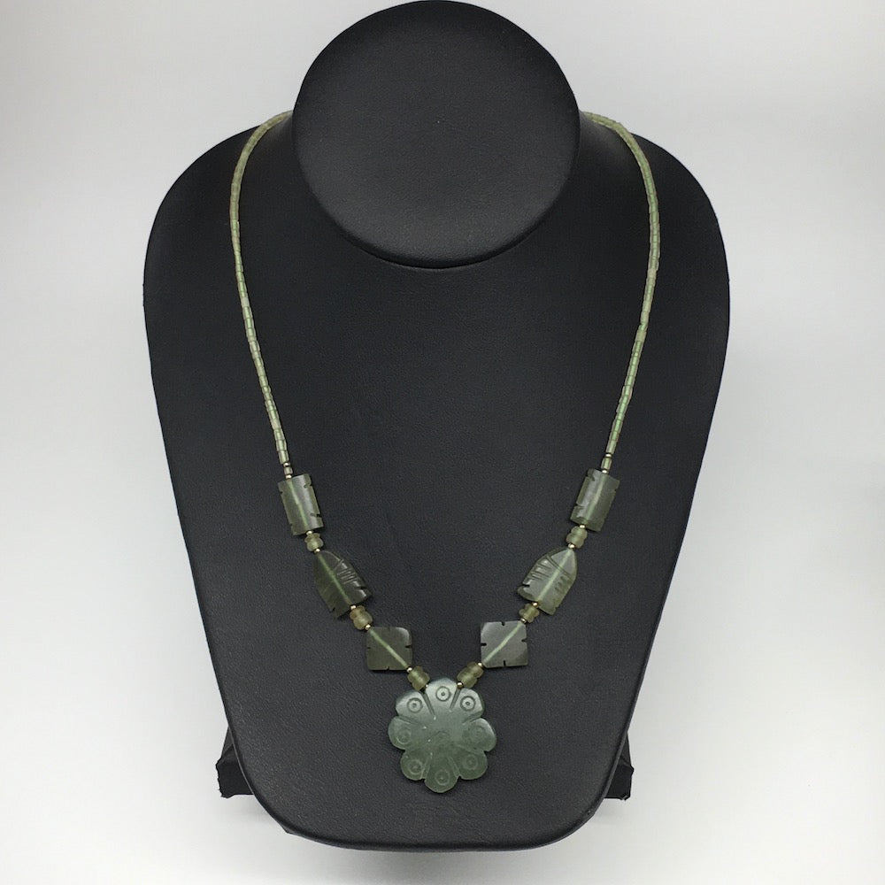 1pc,2mm-30mm, Green Serpentine Flower Carved Beaded Necklace,16"-18",NPH335