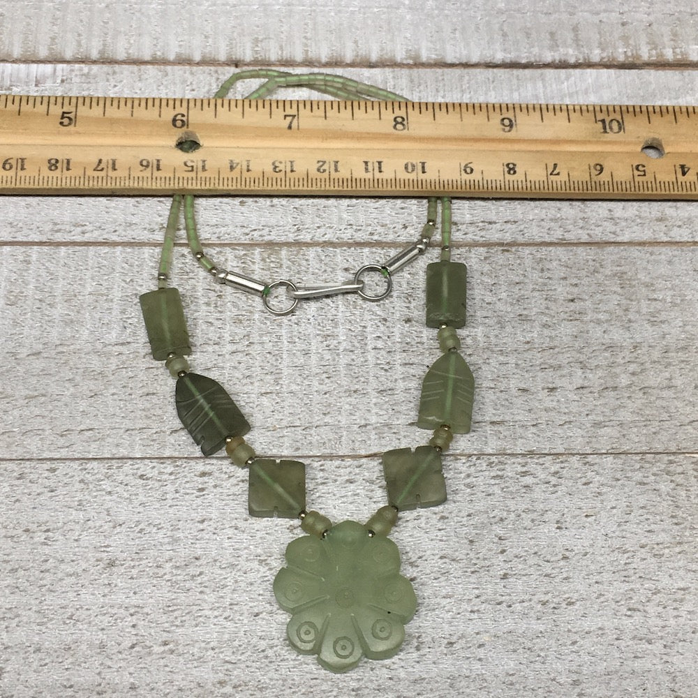 1pc,2mm-30mm, Green Serpentine Flower Carved Beaded Necklace,16"-18",NPH335