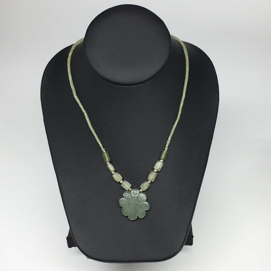13.9g,2mm-28mm, Green Serpentine Flower Carved Beaded Necklace,16"-18",NPH337