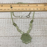 13.9g,2mm-28mm, Green Serpentine Flower Carved Beaded Necklace,16"-18",NPH337
