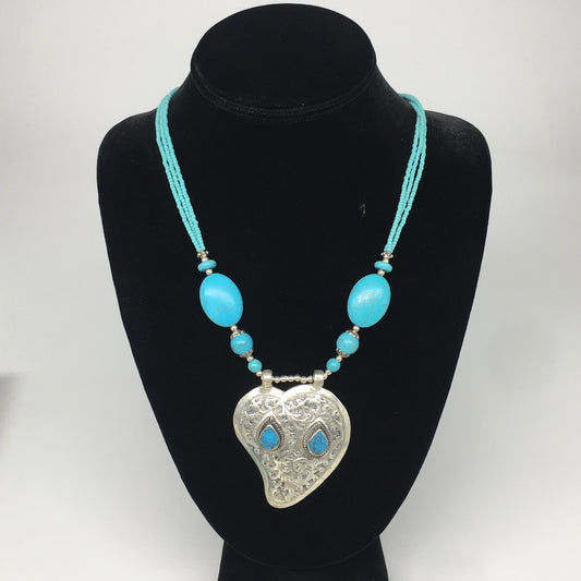 1pc,Turkmen Necklace Pendant Statement Tribal Turquoise Inlay Beaded,20-21",BN11