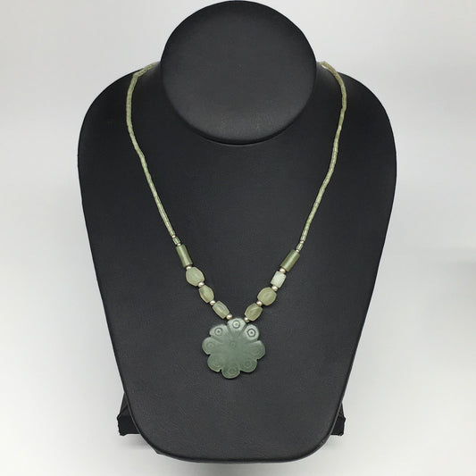 15g,2mm-30mm, Green Serpentine Flower Carved Beaded Necklace,16"-18",NPH343