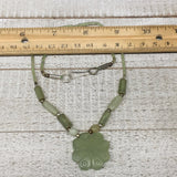 15.4g,2mm-27mm, Green Serpentine Flower Carved Beaded Necklace,16"-18",NPH345