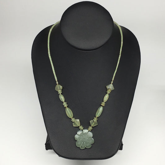 1pc,2mm-30mm, Green Serpentine Flower Carved Beaded Necklace,16"-18",NPH346