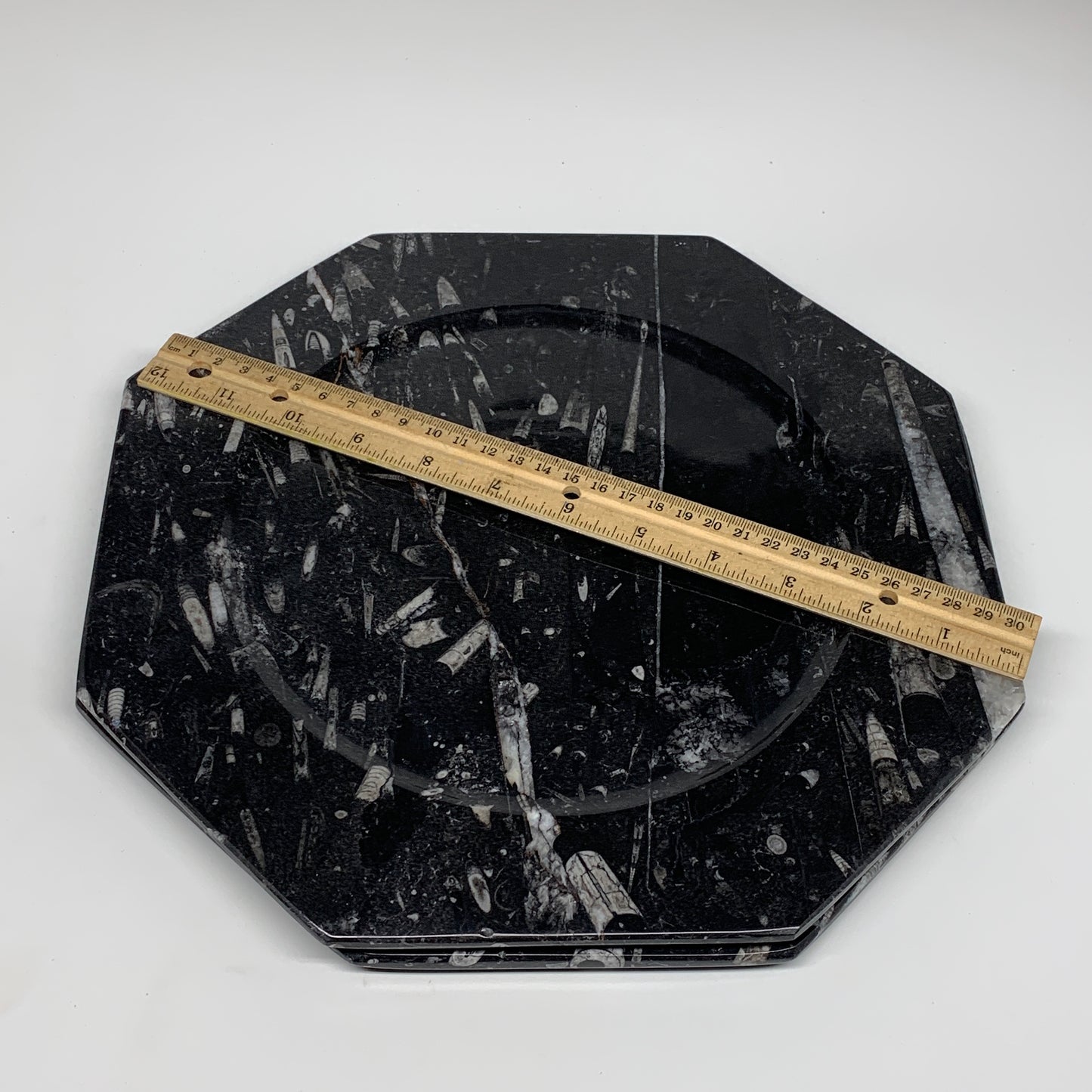 2pcs, 12" Large Octagon Shape Black Fossils Orthoceras Plates @Morocco, B8350