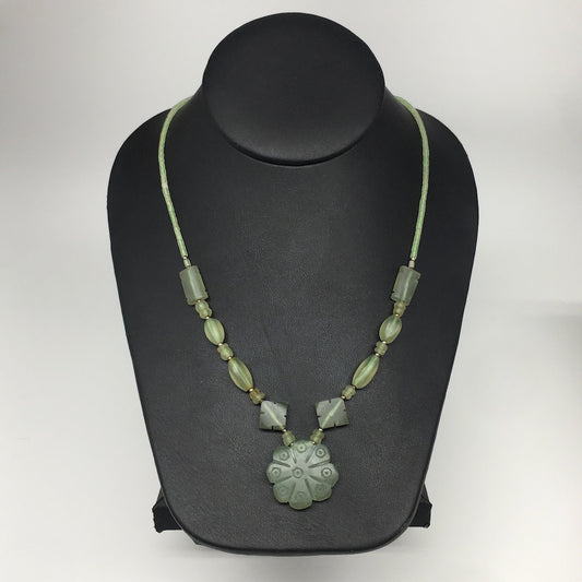 1pc,2mm-30mm, Green Serpentine Flower Carved Beaded Necklace,16"-18",NPH347