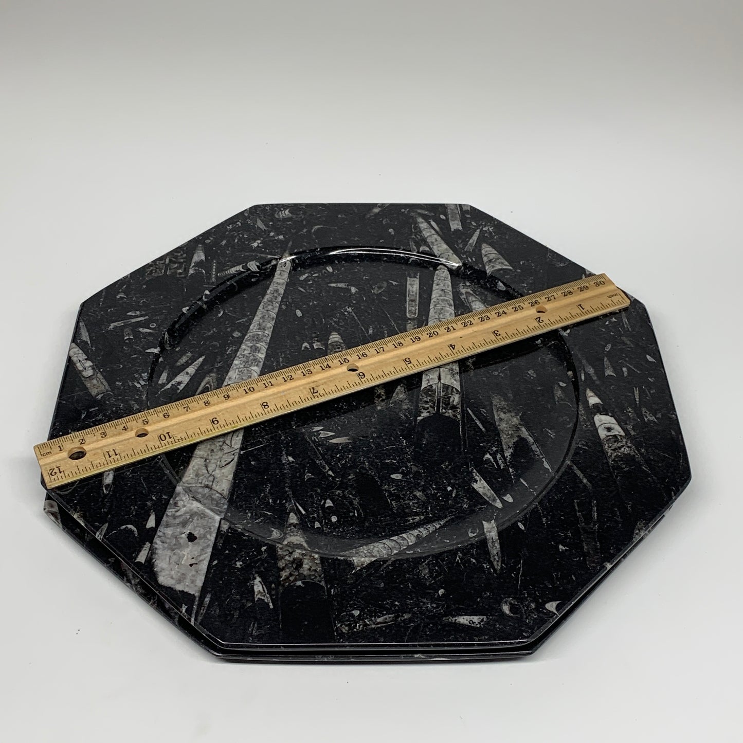 2pcs, 12" Large Octagon Shape Black Fossils Orthoceras Plates @Morocco, B8352