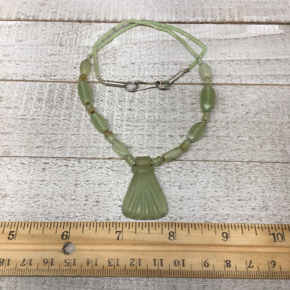 1pc,2mm-42mm, Green Serpentine Flower Carved Beaded Necklace,16"-18",NPH348