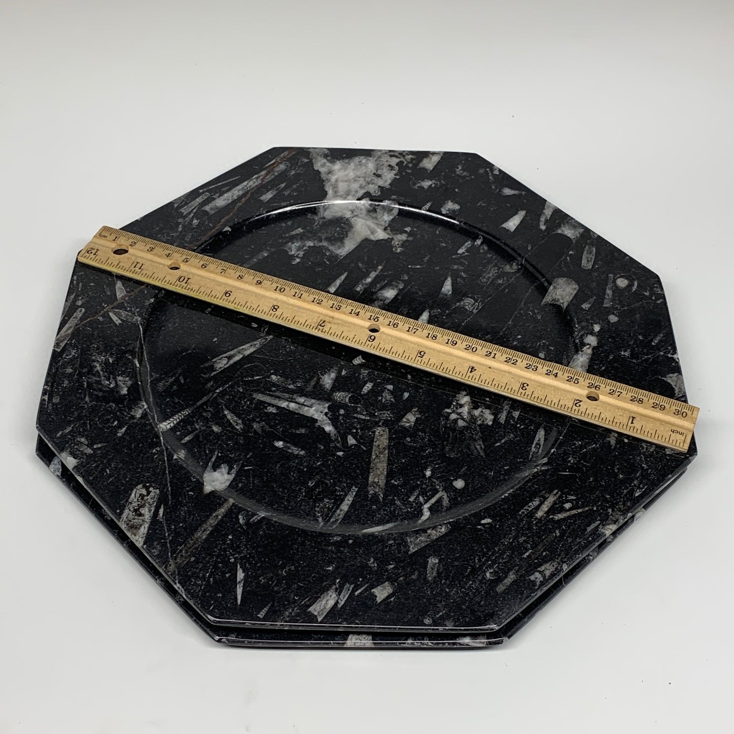 2pcs, 12" Large Octagon Shape Black Fossils Orthoceras Plates @Morocco, B8355
