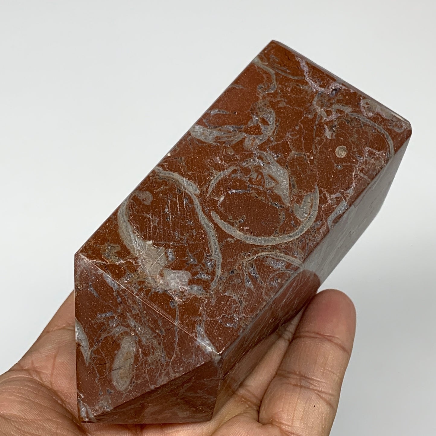 364.1g, 4" x 1.6" Natural Red Shell Fossils Tower Obelisk Wand @Morocco, F888