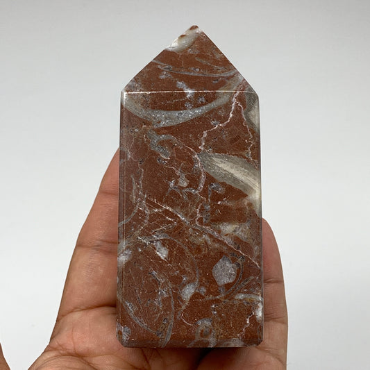 366.6g, 3.9" x 1.6" Natural Red Shell Fossils Tower Obelisk Wand @Morocco, F890