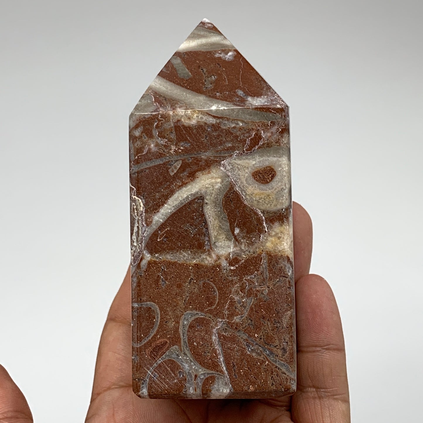 366.6g, 3.9" x 1.6" Natural Red Shell Fossils Tower Obelisk Wand @Morocco, F890