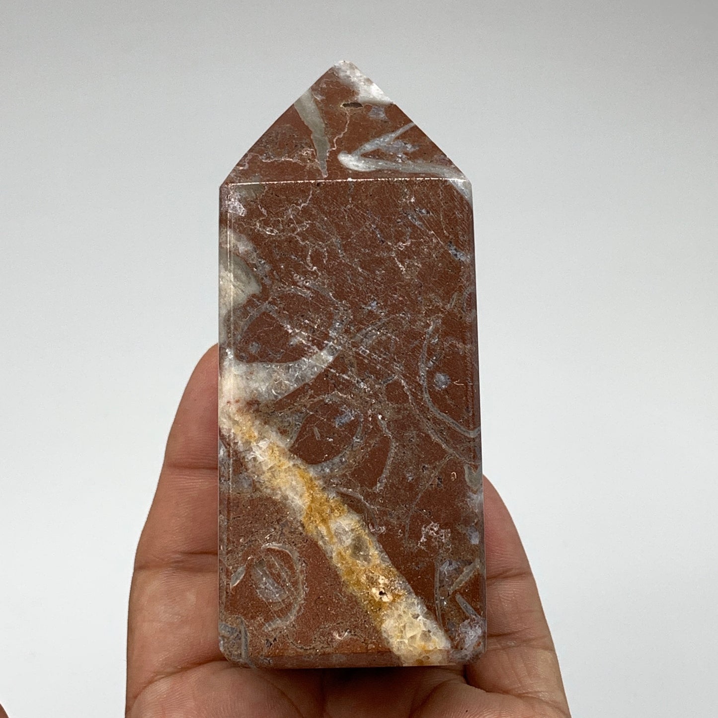 366.6g, 3.9" x 1.6" Natural Red Shell Fossils Tower Obelisk Wand @Morocco, F890
