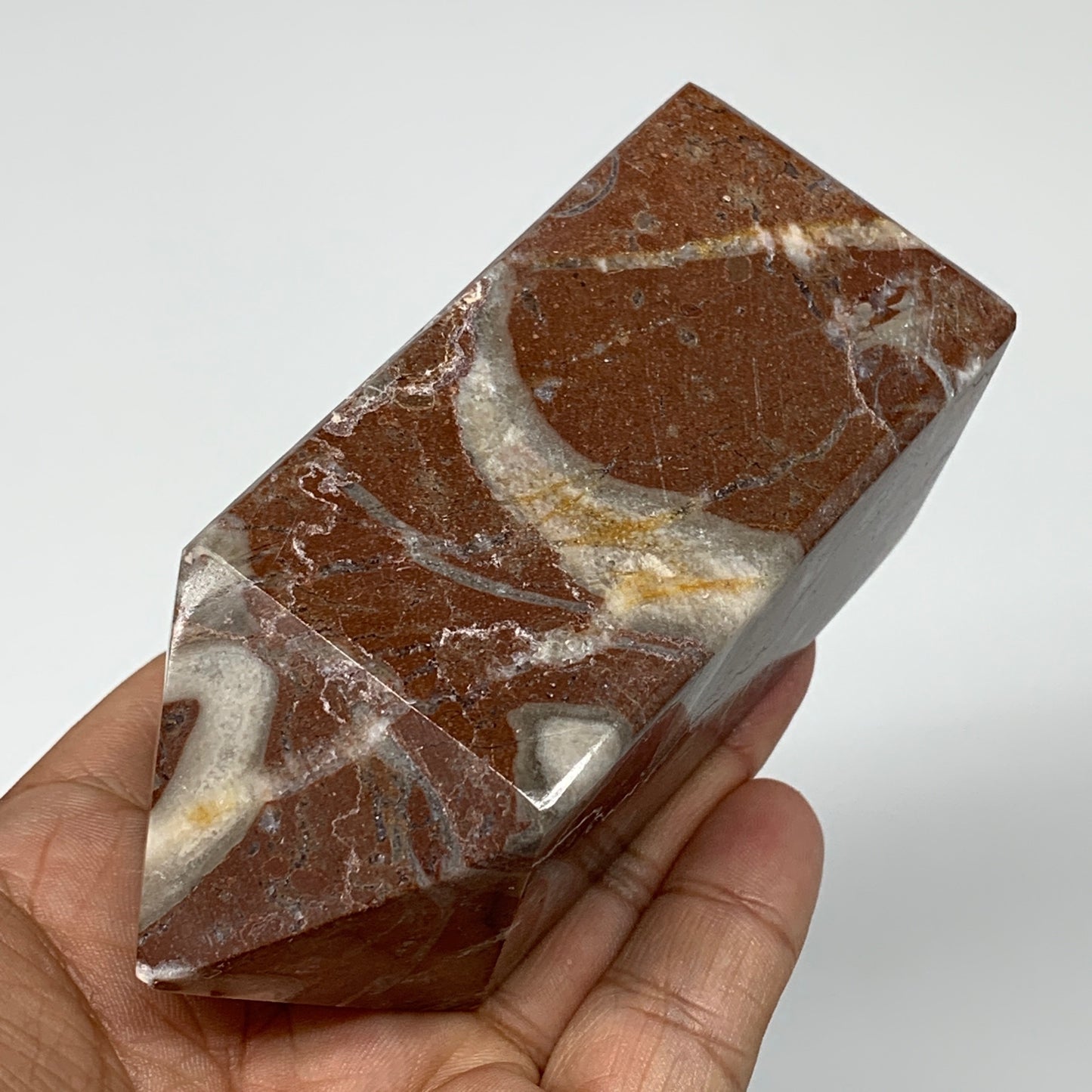 366.6g, 3.9" x 1.6" Natural Red Shell Fossils Tower Obelisk Wand @Morocco, F890