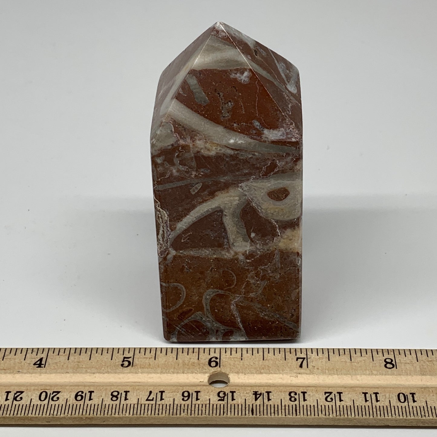 366.6g, 3.9" x 1.6" Natural Red Shell Fossils Tower Obelisk Wand @Morocco, F890