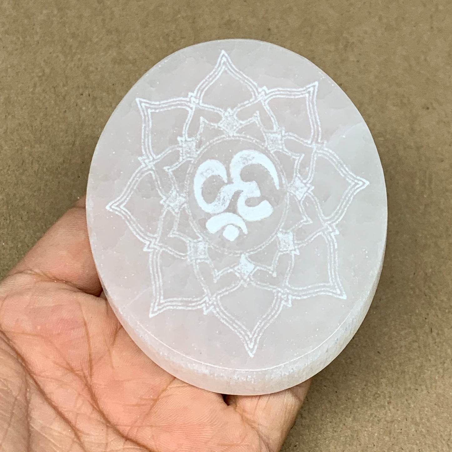 1pc, 3.4" x 2.7" Natural Selenite Crystals Carved Oval gypsum from Morocco