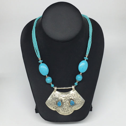1pc,Turkmen Necklace Pendant Statement Tribal Turquoise Inlay Beaded,20-21",BN25