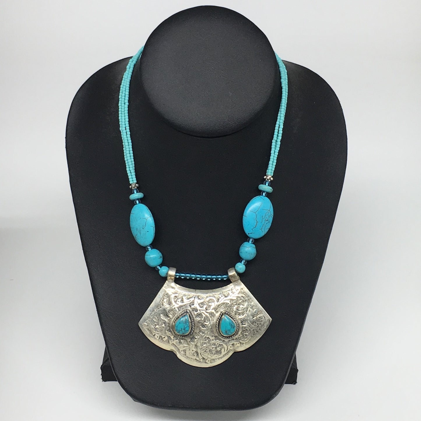 1pc,Turkmen Necklace Pendant Statement Tribal Turquoise Inlay Beaded,20-21",BN26