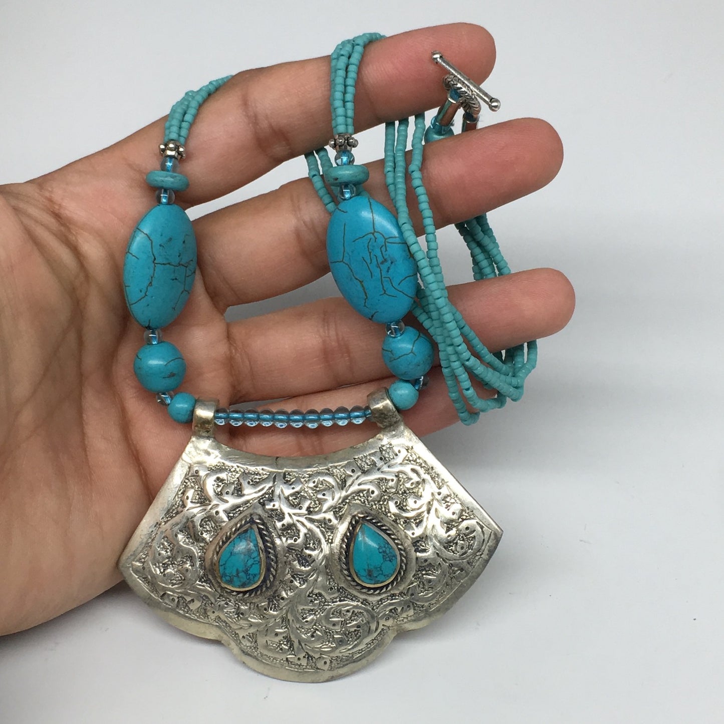 1pc,Turkmen Necklace Pendant Statement Tribal Turquoise Inlay Beaded,20-21",BN26