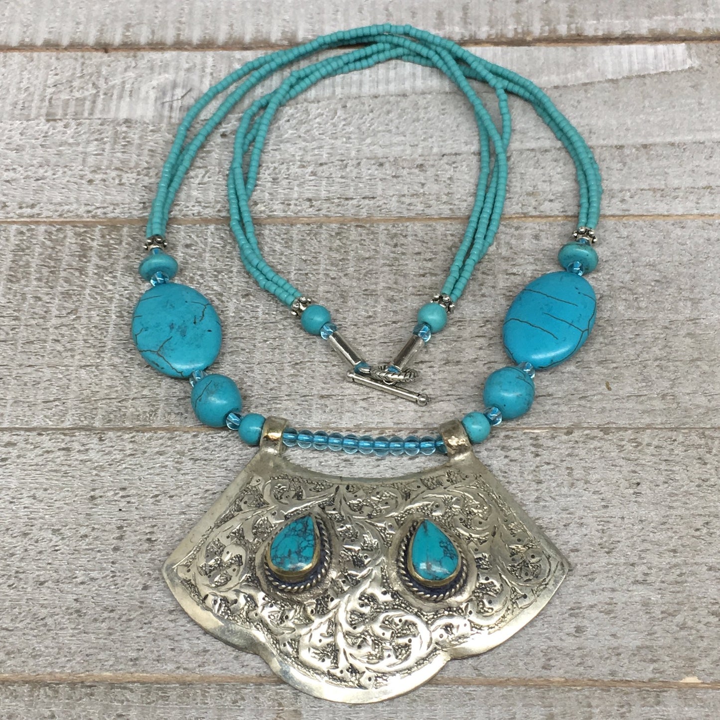 1pc,Turkmen Necklace Pendant Statement Tribal Turquoise Inlay Beaded,20-21",BN26