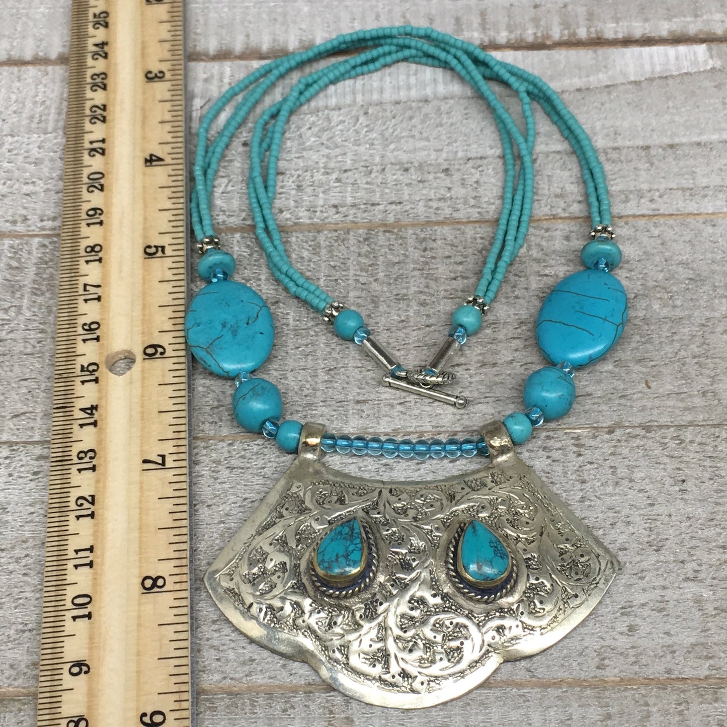 1pc,Turkmen Necklace Pendant Statement Tribal Turquoise Inlay Beaded,20-21",BN26