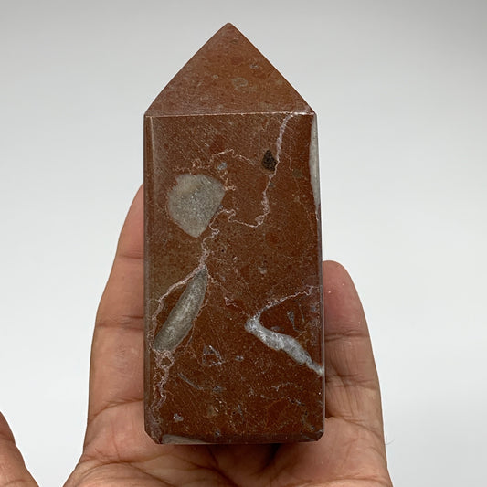 365.2g, 3.9" x 1.6" Natural Red Shell Fossils Tower Obelisk Wand @Morocco, F896