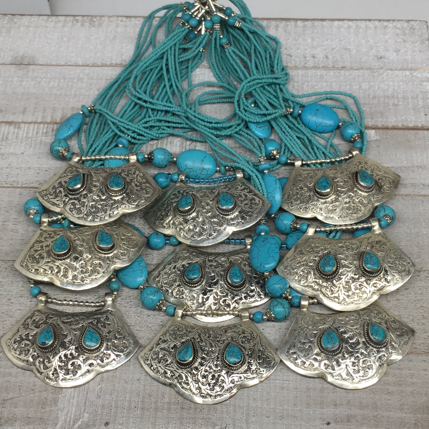 1pc,Turkmen Necklace Pendant Statement Tribal Turquoise Inlay Beaded,20-21",BN26