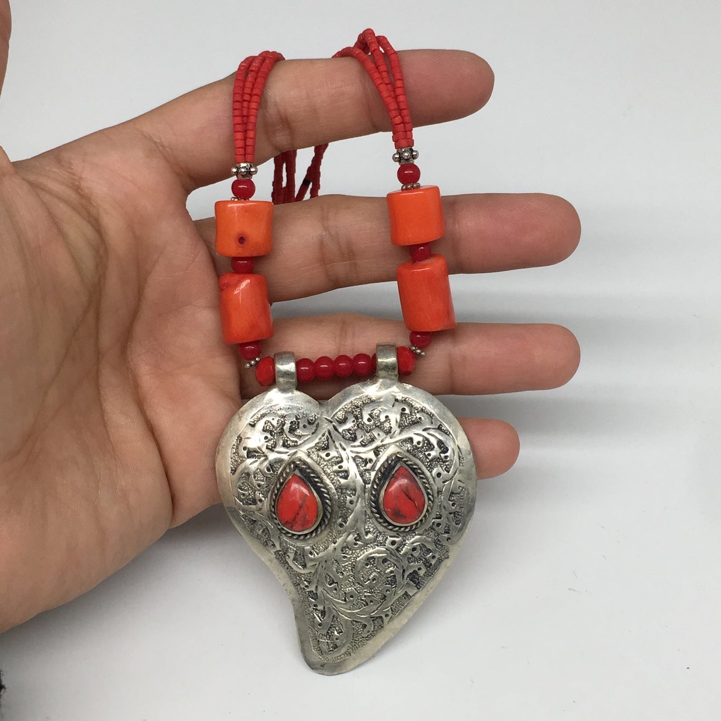 1pc, Turkmen Necklace Pendant Statement Tribal Coral Inlay Beaded,20-21", BN27