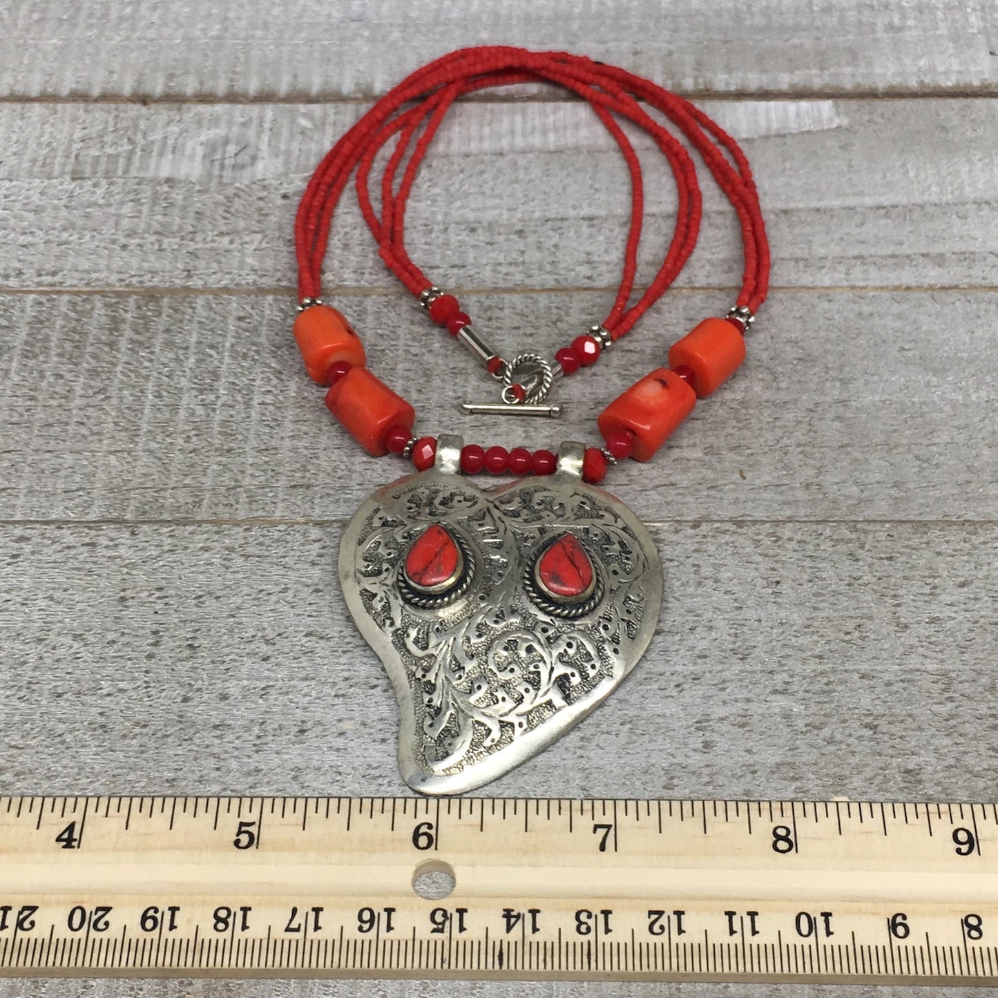 1pc, Turkmen Necklace Pendant Statement Tribal Coral Inlay Beaded,20-21", BN27