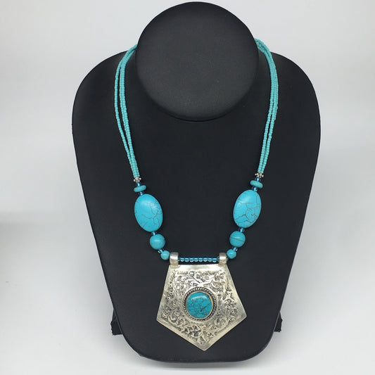 1pc,Turkmen Necklace Pendant Statement Tribal Turquoise Inlay Beaded,20-21",BN16