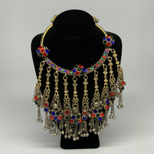 370g, 11"x5"Kuchi Turkmen Choker Necklace Multi-Color Tribal Gypsy Beho,B14134