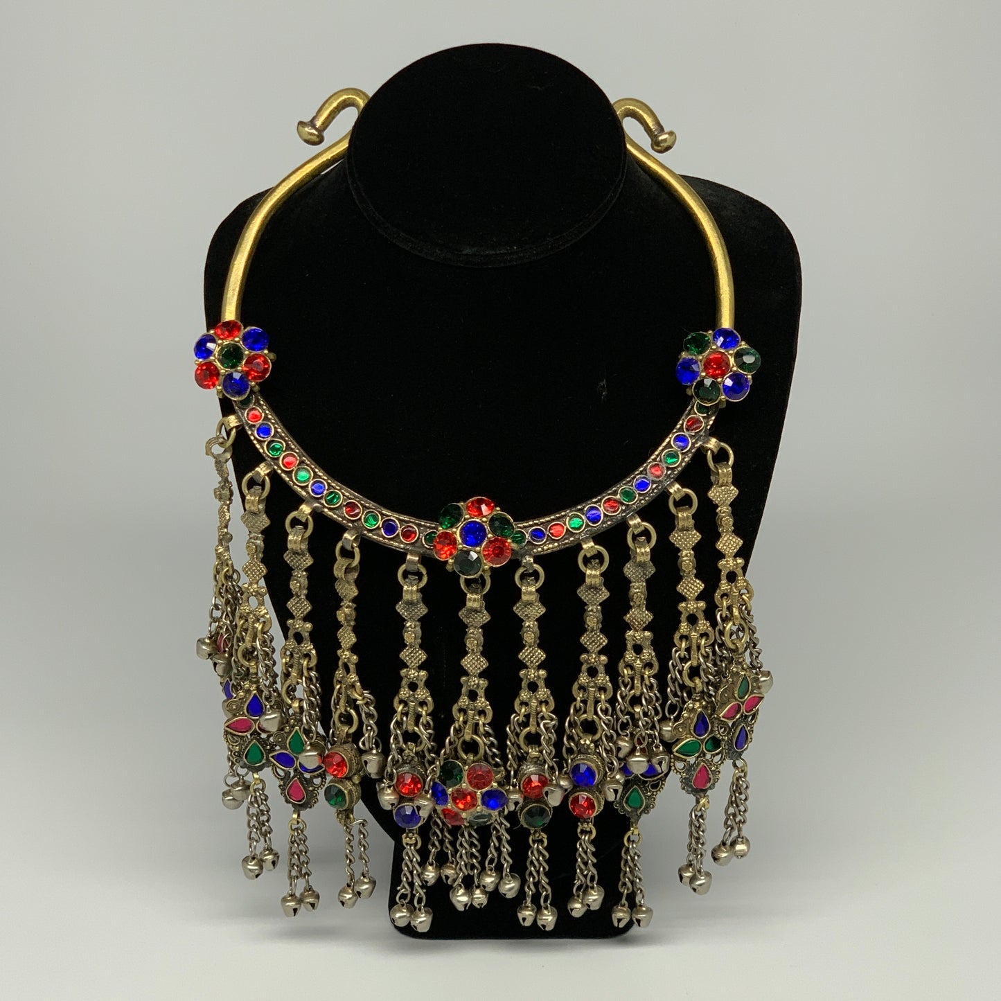 360g, 11"x5.75"Kuchi Turkmen Choker Necklace Multi-Color Tribal Gypsy Beho,B1413