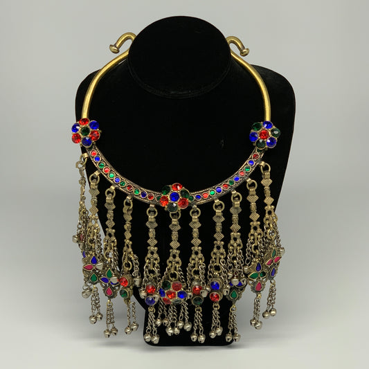 360g, 11"x5.75"Kuchi Turkmen Choker Necklace Multi-Color Tribal Gypsy Beho,B1413