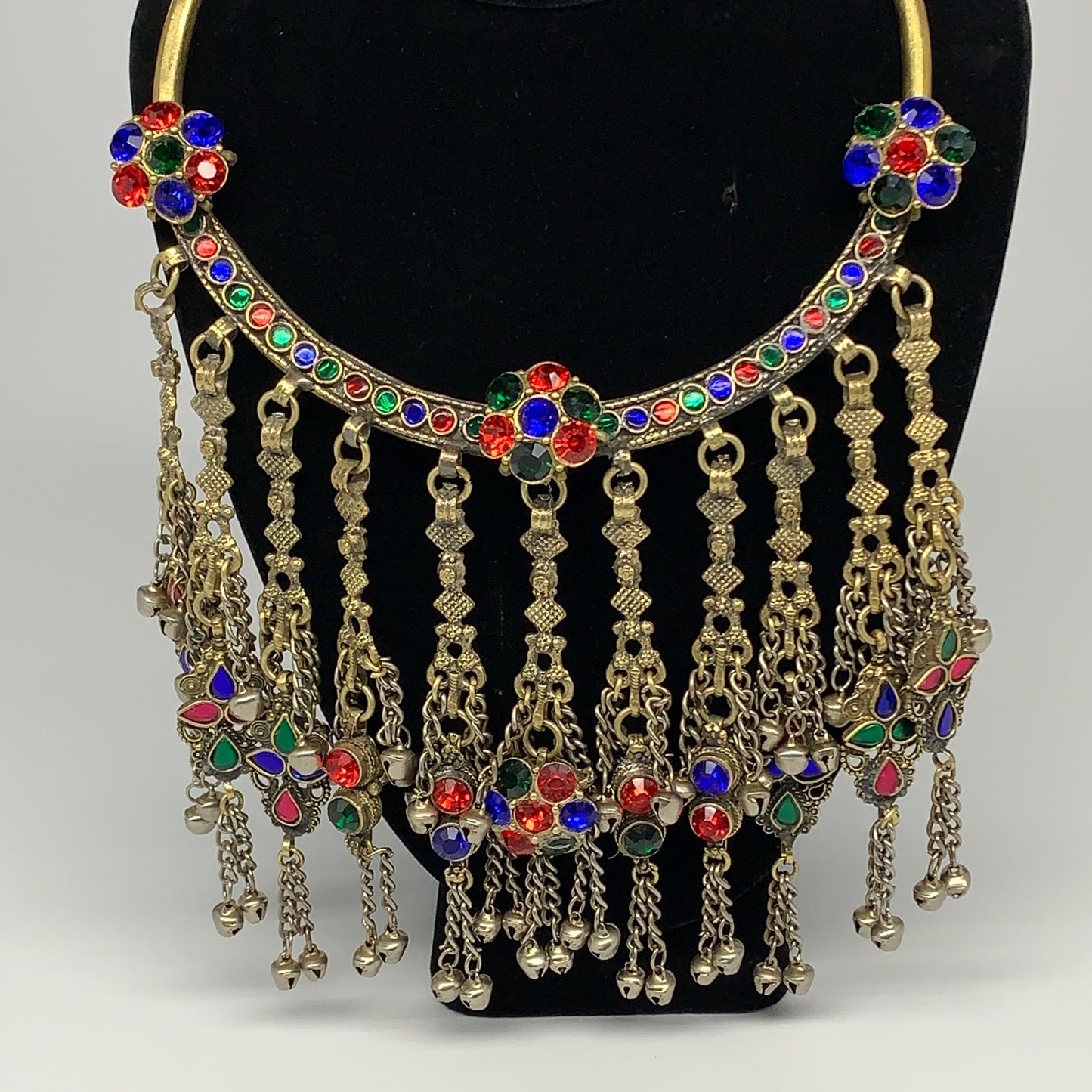 360g, 11"x5.75"Kuchi Turkmen Choker Necklace Multi-Color Tribal Gypsy Beho,B1413