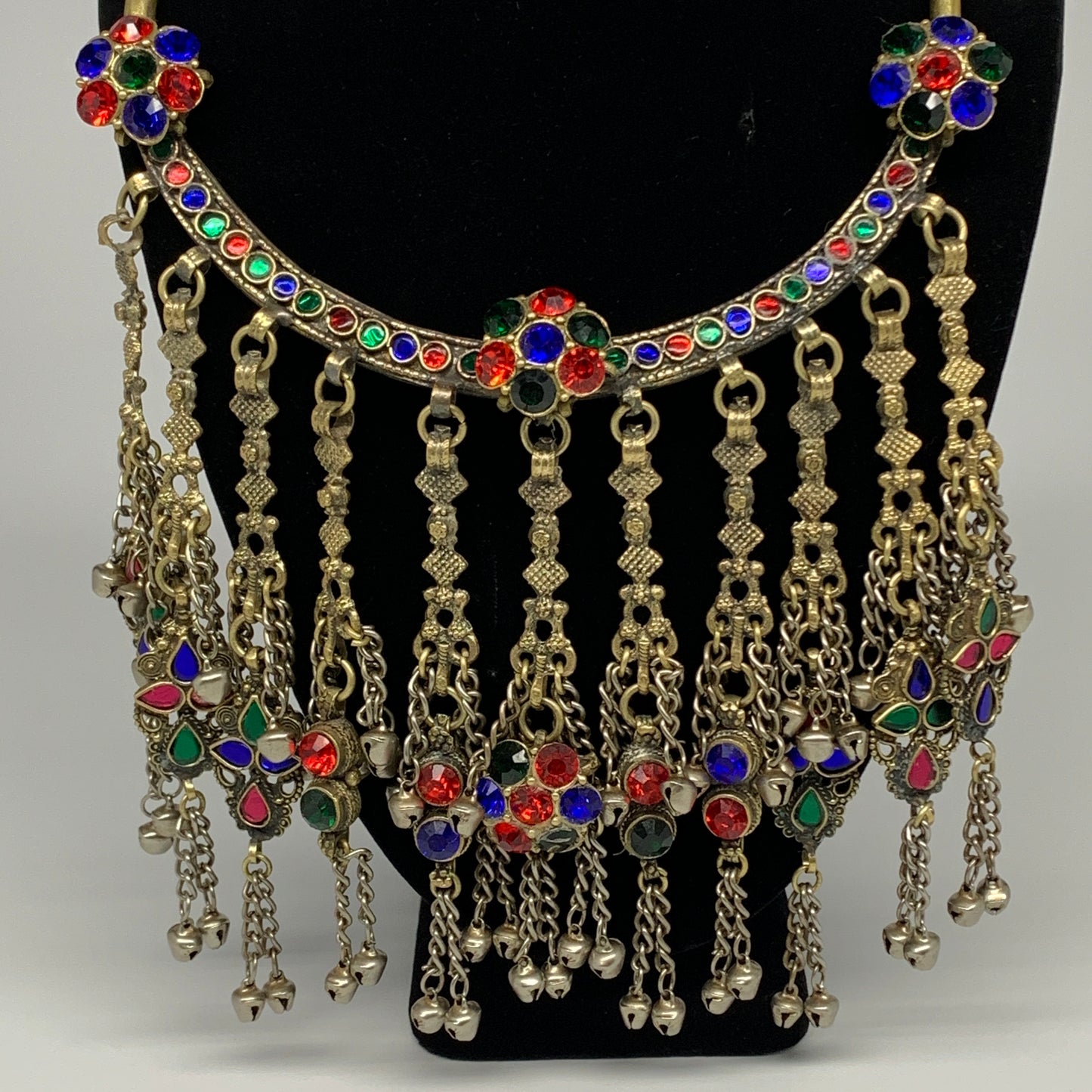 360g, 11"x5.75"Kuchi Turkmen Choker Necklace Multi-Color Tribal Gypsy Beho,B1413