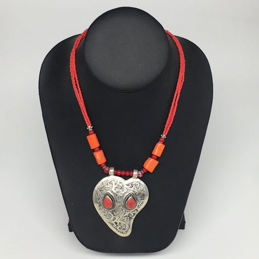 1pc, Turkmen Necklace Pendant Statement Tribal Coral Inlay Beaded,20-21", BN32