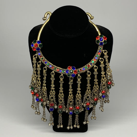 345g, 11"x5"Kuchi Turkmen Choker Necklace Multi-Color Tribal Gypsy Beho,B14136