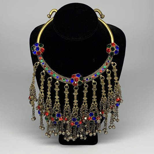 395g, 11"x5.5"Kuchi Turkmen Choker Necklace Multi-Color Tribal Gypsy Beho,B14137