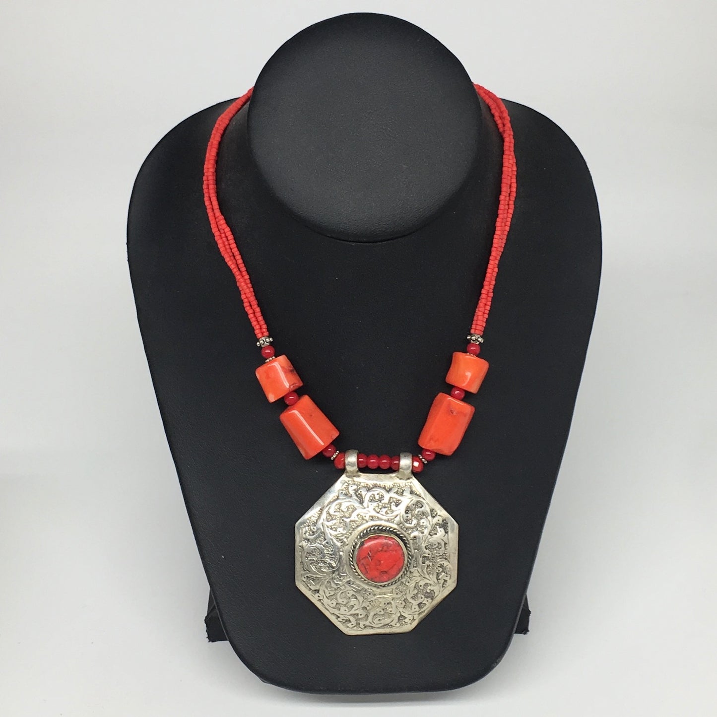 1pc, Turkmen Necklace Pendant Statement Tribal Coral Inlay Beaded,20-21", BN37
