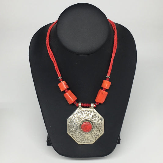 1pc, Turkmen Necklace Pendant Statement Tribal Coral Inlay Beaded,20-21", BN37