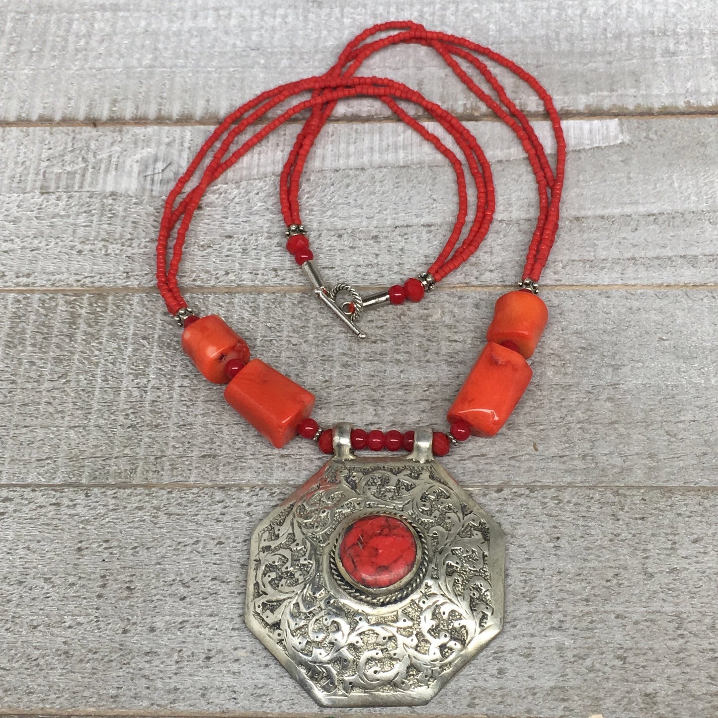 1pc, Turkmen Necklace Pendant Statement Tribal Coral Inlay Beaded,20-21", BN37